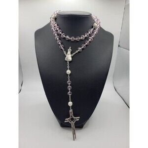 Fatima Light Pink Glass round beaded rosary necklace